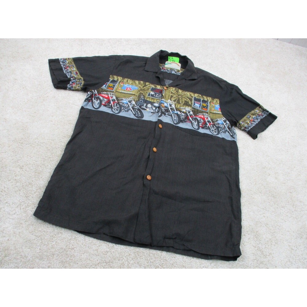 Paradise Found Shirt Men Medium Black Motorcycle Graphic Print Hawaiian Button - Picture 2 of 9